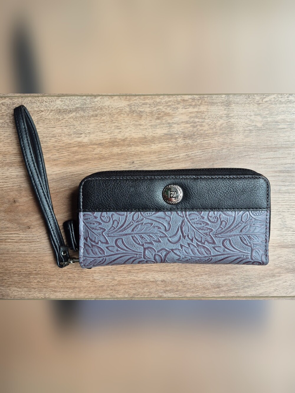 Stone Mountain Floral Tooled Zip Wallet in Black and Plum